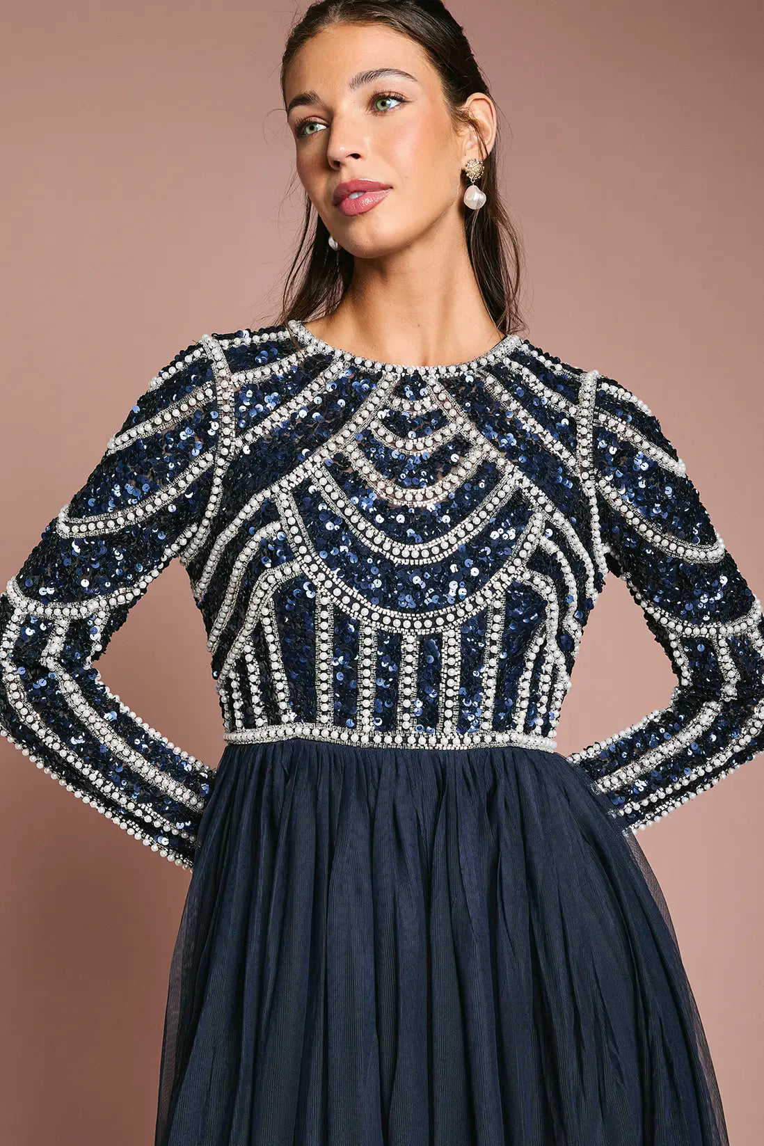 Navy Blue Embellished Evening Gown