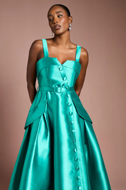 Teal Satin Midi Dress