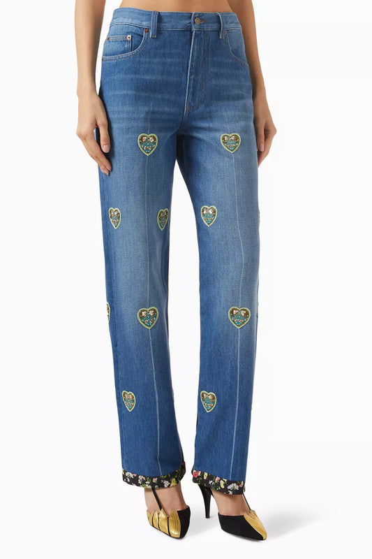 Women’s Blue Denim Jeans with Love Pattern Design