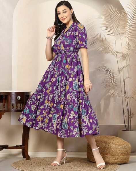 💜PURPLE FLORAL MIDI WRAP DRESS