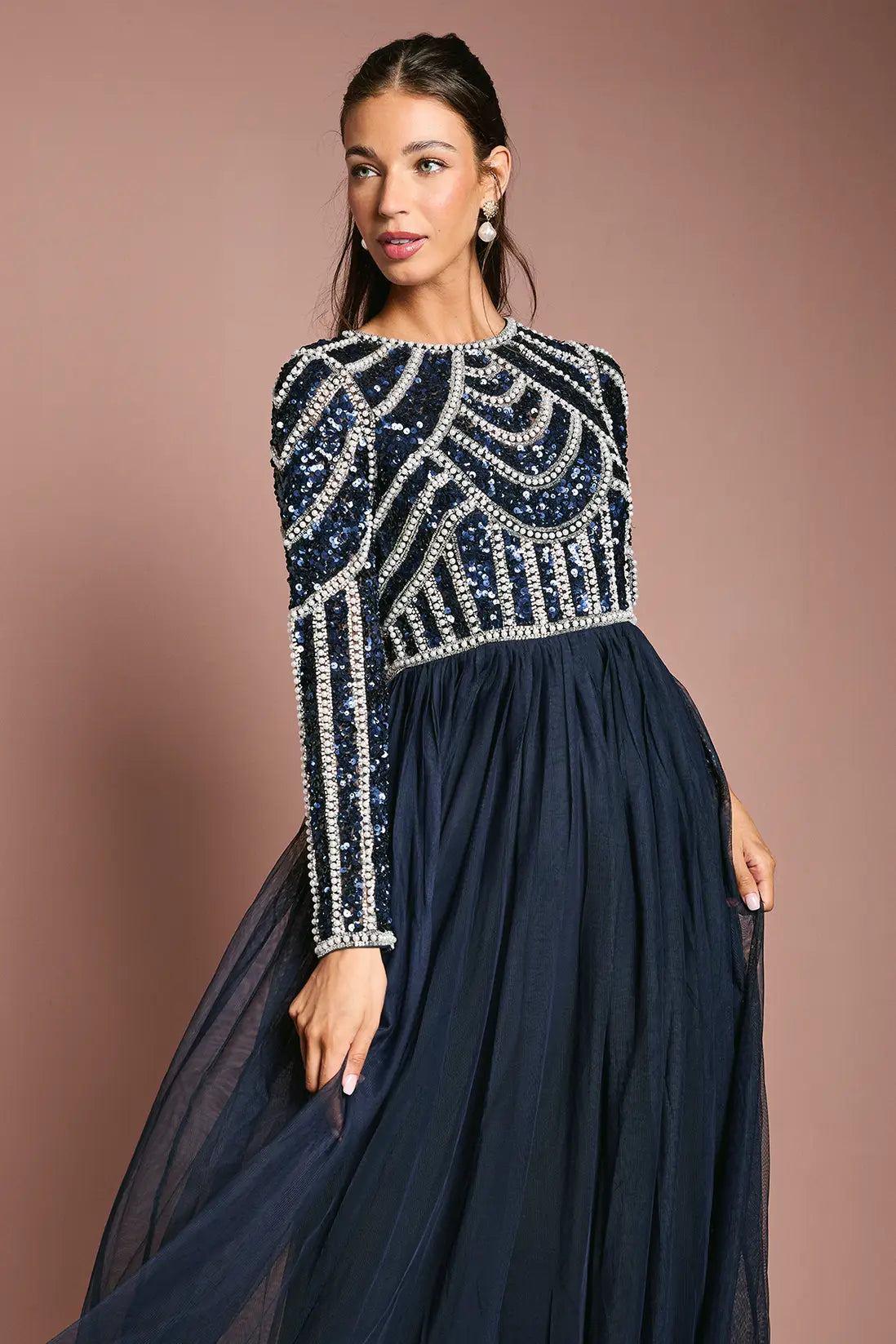 Navy Blue Embellished Evening Gown