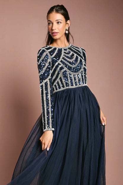 Navy Blue Embellished Evening Gown