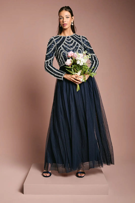 Navy Blue Embellished Evening Gown