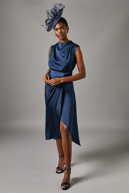 Navy Blue Satin Midi Dress