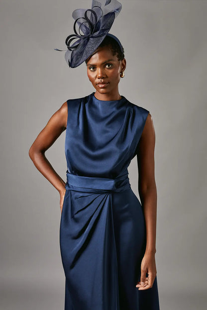 Navy Blue Satin Midi Dress