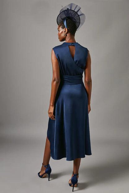 Navy Blue Satin Midi Dress