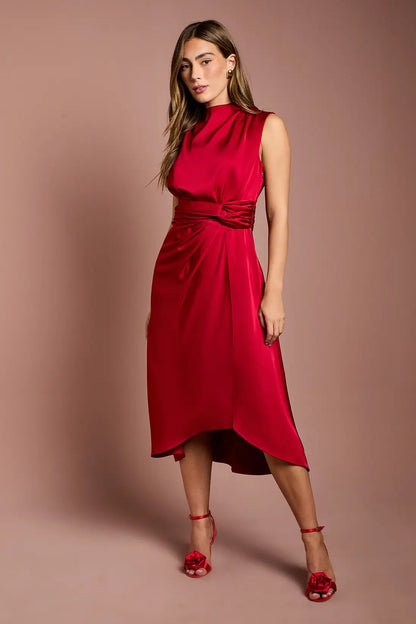 Red Satin Midi Dress