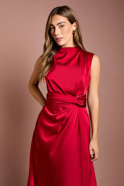 Red Satin Midi Dress