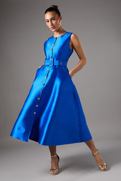 Royal Blue Satin Midi Dress