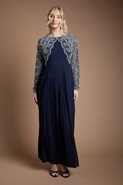 Navy Blue Embellished Evening Gown