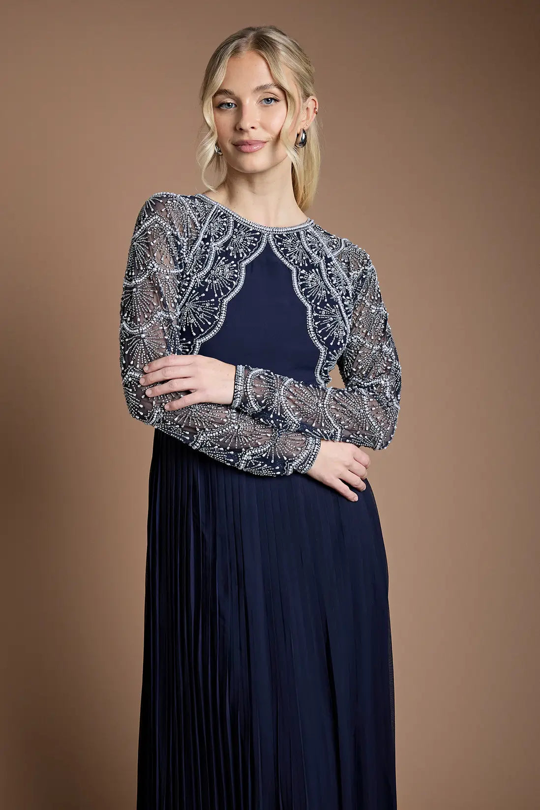 Navy Blue Embellished Evening Gown
