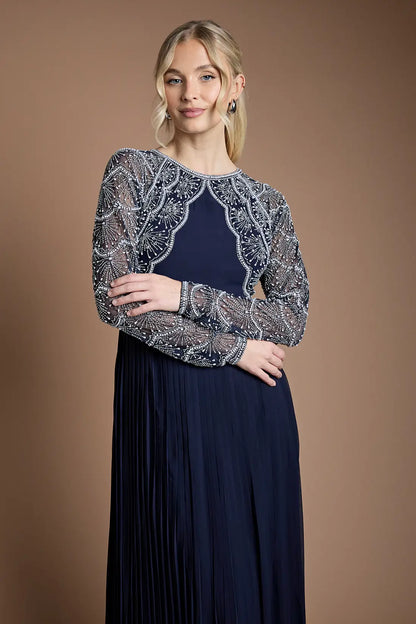 Navy Blue Embellished Evening Gown