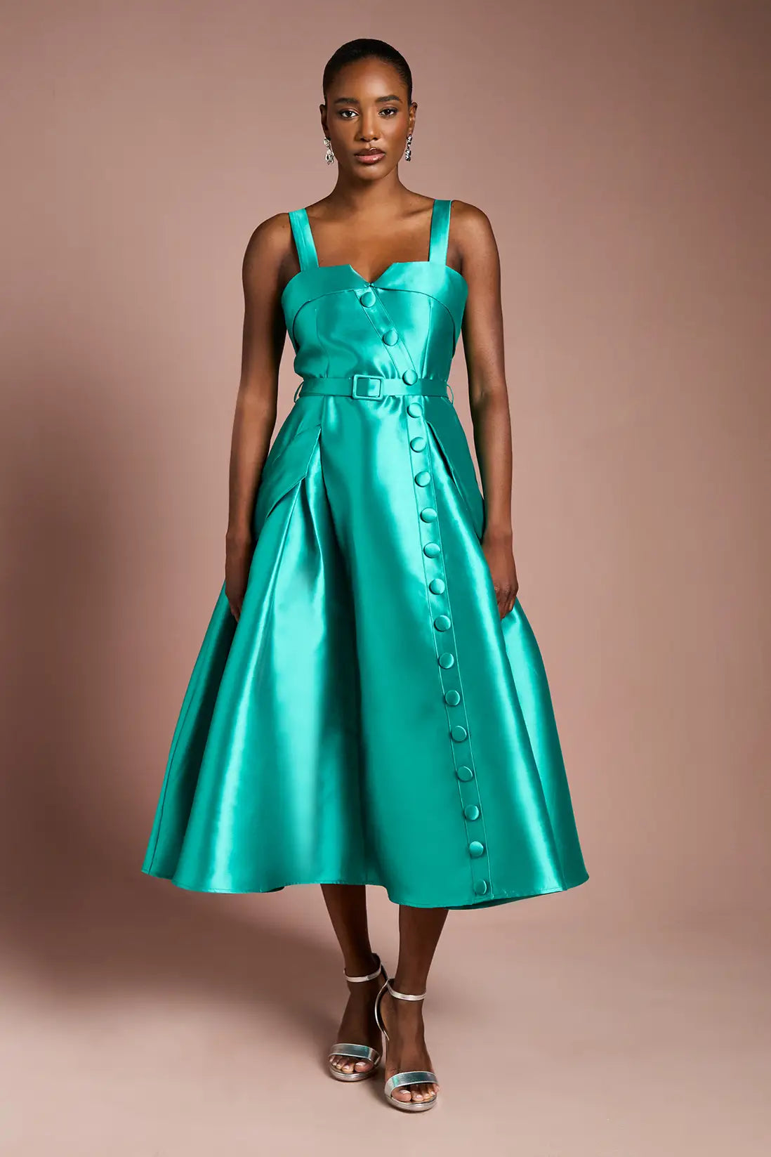 Teal Satin Midi Dress
