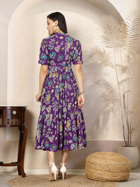💜PURPLE FLORAL MIDI WRAP DRESS